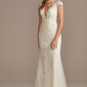 NEW GALINA SIGNATURE Sheath Wedding Dress with Beaded Swag Back- IVORY/ 0P